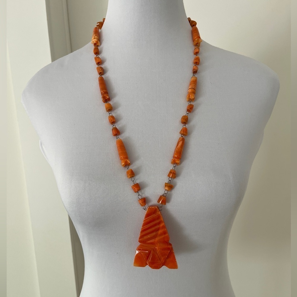 VINTAGE Orange Carved Stone Beads Pendant Long Necklace Statement Boho